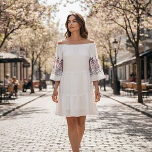 NEW Indigo Rose Textured Paisley Boho Off The Shoulder Dress in White Size Small